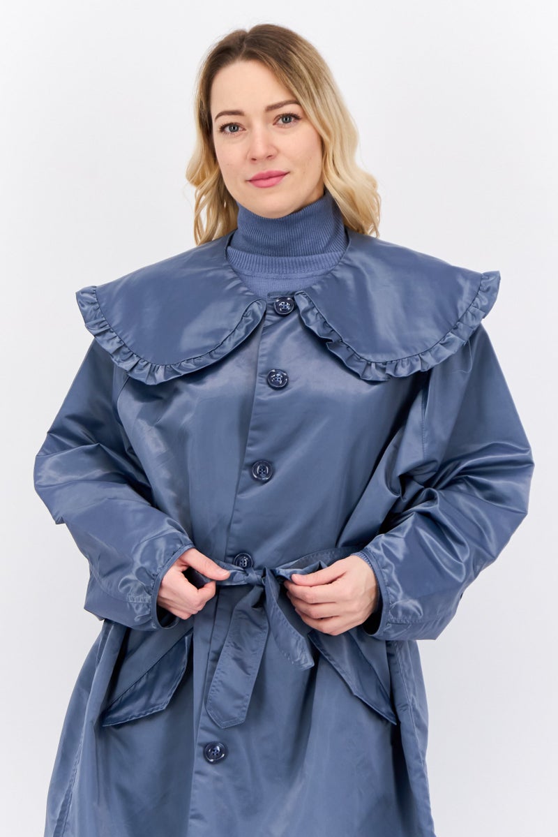 GHOSPELL Women Plain Trench Coat, Slate Blue - Image 2